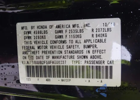 2015 Acura Tlx V6 Tech from USA, damaged, VIN 19UUB2F58FA008037